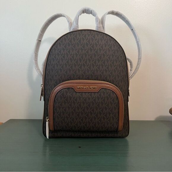 Michael‎ Kors Jaycee Medium Backpack Brown Signature MK Logo Leather Trim - Picture 1 of 9